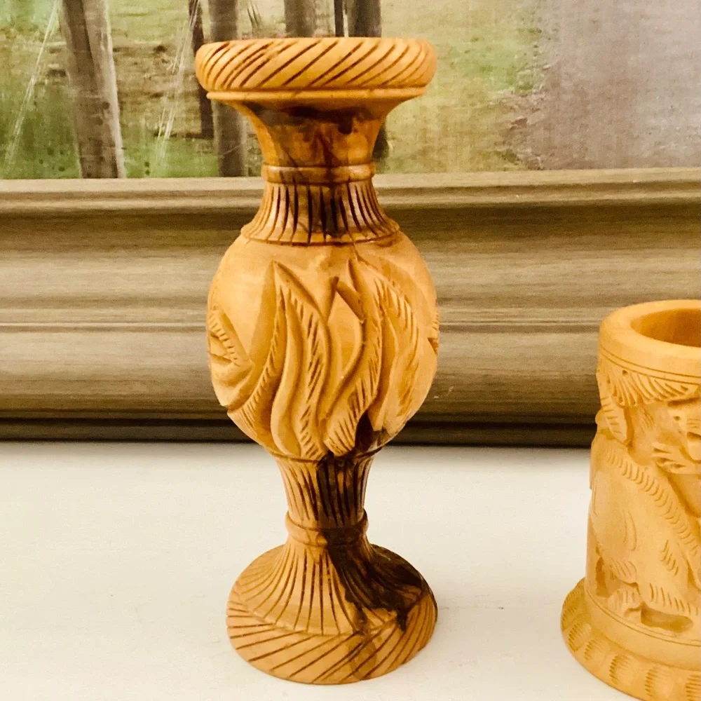 Handcrafted Carved Wooden Vase Pencil Holder Gift Set Of 2 Office Décor Vintage